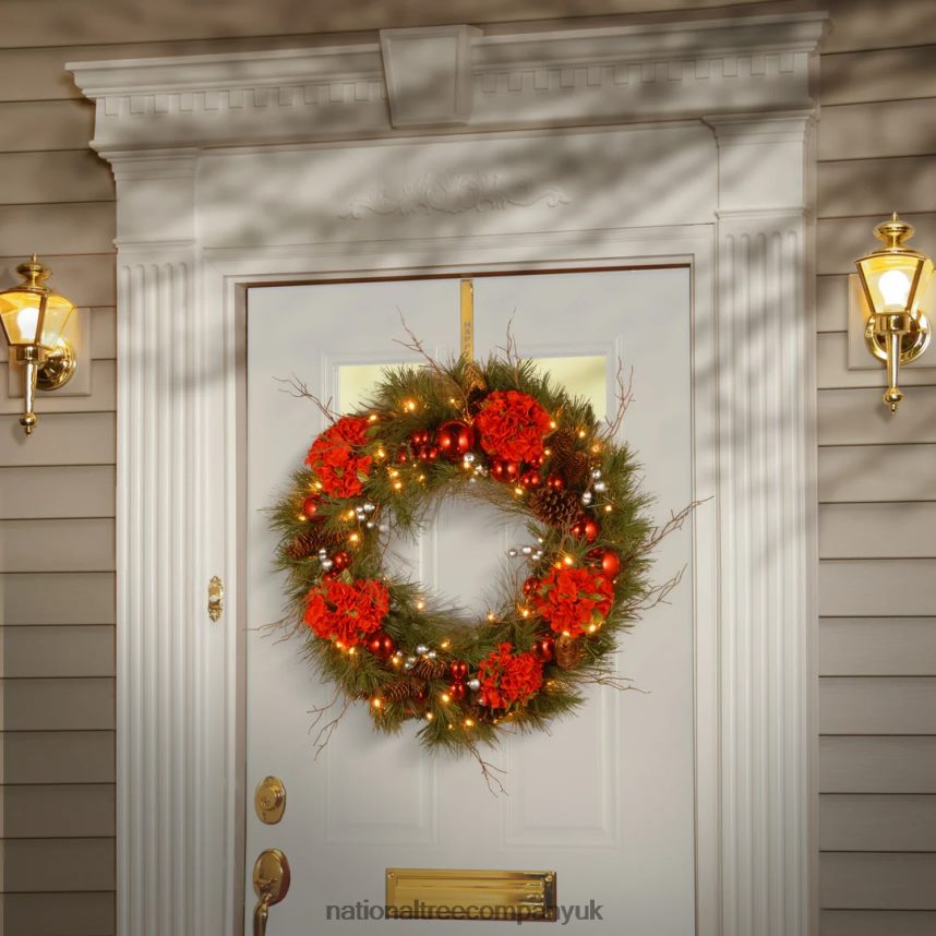 Greenery | National Tree Company Pre-Lit Artificial Christmas Wreath Green Hydrangea White Lights Decorated with Flower Blooms Ball Ornaments Pine Cones Branches Christmas Collection 24 Inche